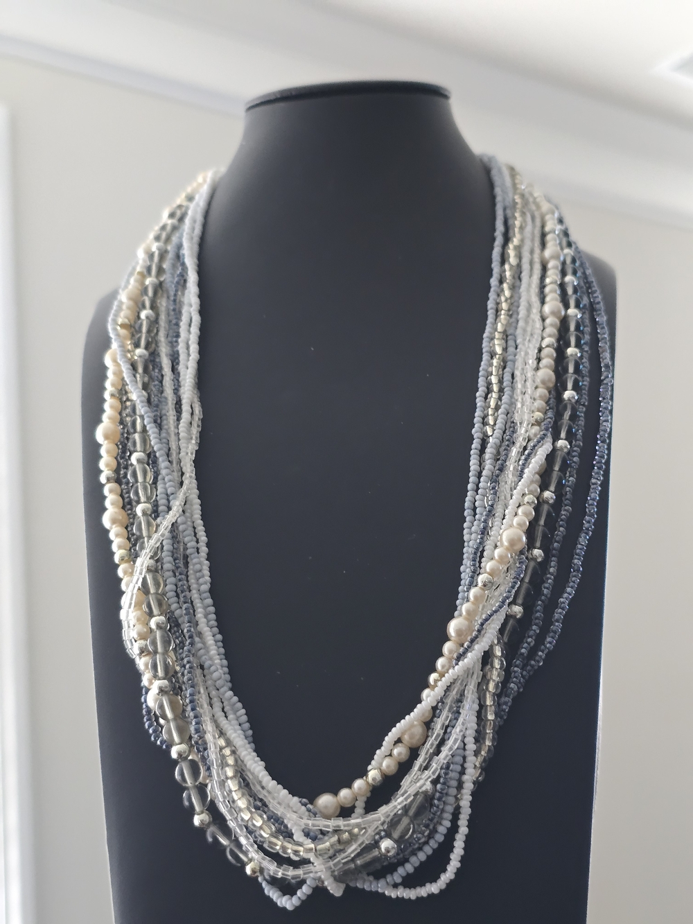Vintage Multi Strand Layered Glass Seed Bead Necklace Faux Pearl Waterfall Grey